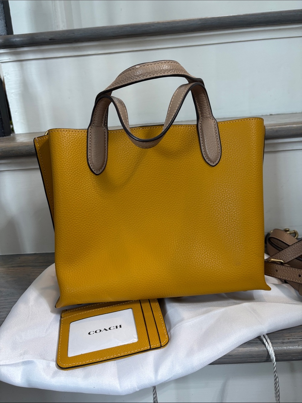 Coach Pebbled Leather Small Tote in Mustard Yellow and matching card case - Picture 3 of 4